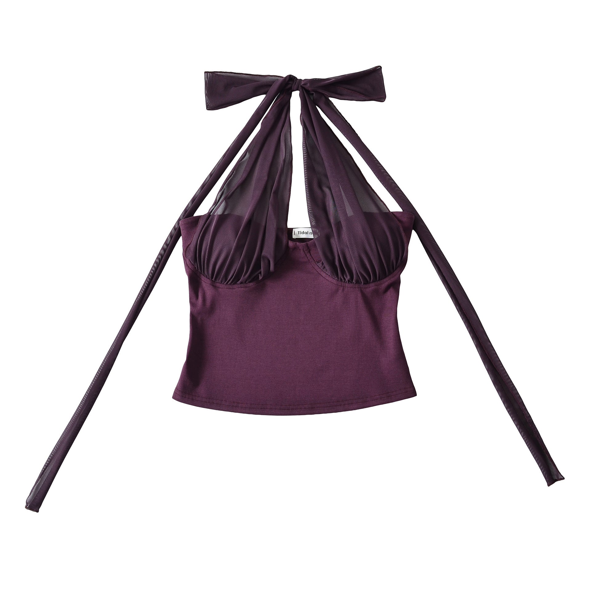 Close-up of dingdingding women's halter neck camisole top with bow ribbon, mesh panels, ruched bust, and slim waist detail.