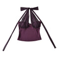 Dark purple mesh halter crop top with large back tie bow, flat lay on white background