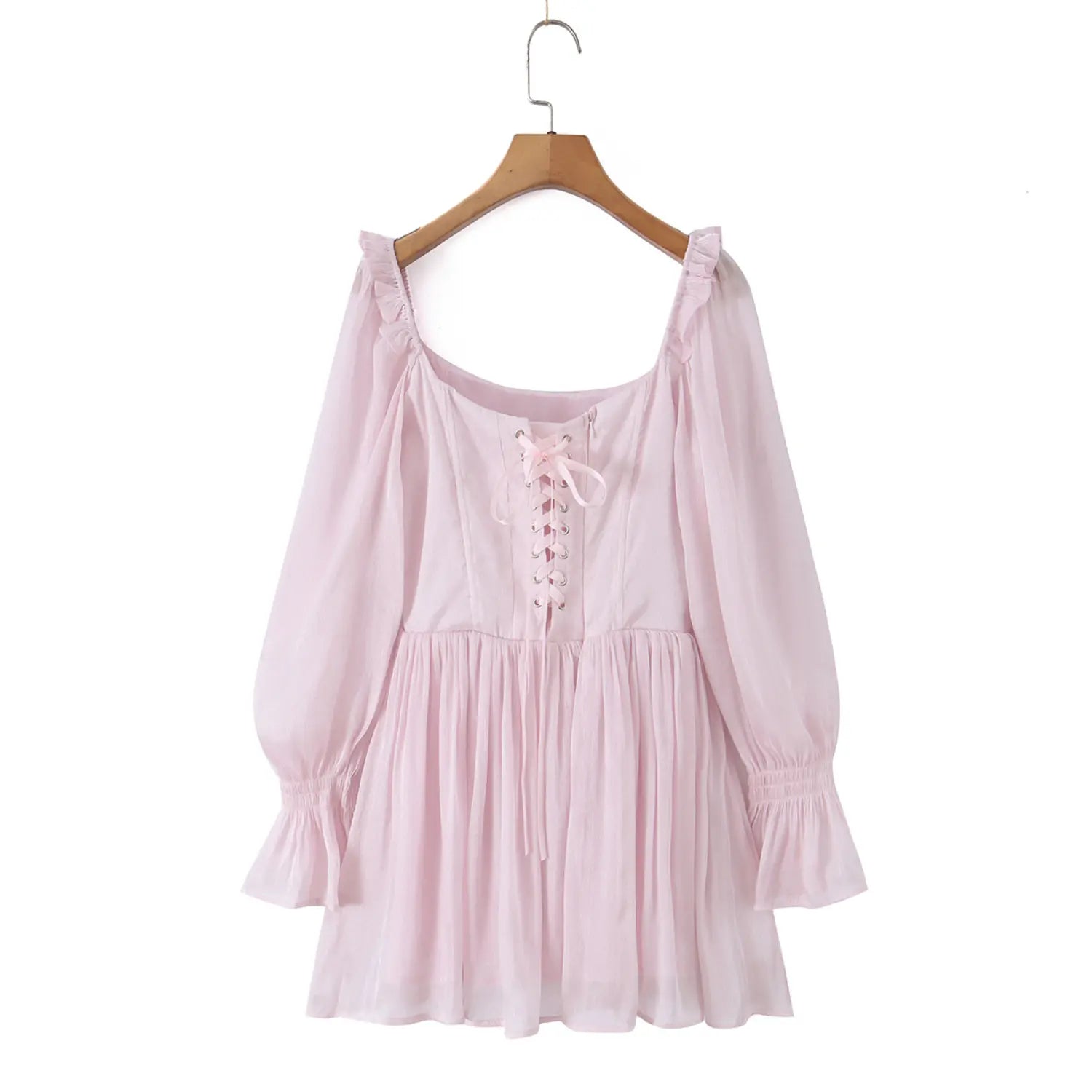 Hanger display back shot, square ruffle back neckline, full lace-up corset back, metal eyelets, self tie drawstring, flared chiffon skirt