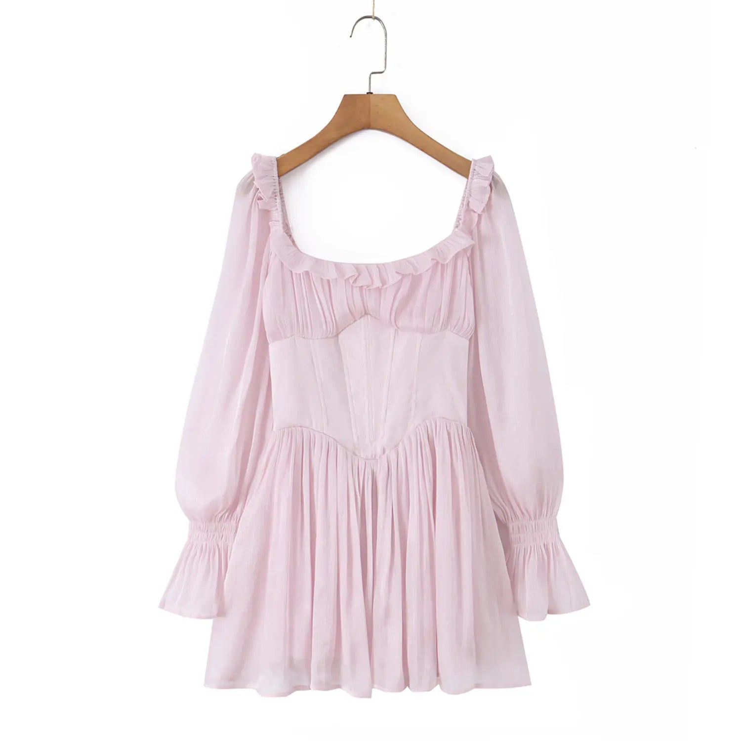 Hanger display front shot, square ruffle neckline, sheer long sleeves, fitted corset bodice, gathered flowy mini skirt, pale pink chiffon texture
