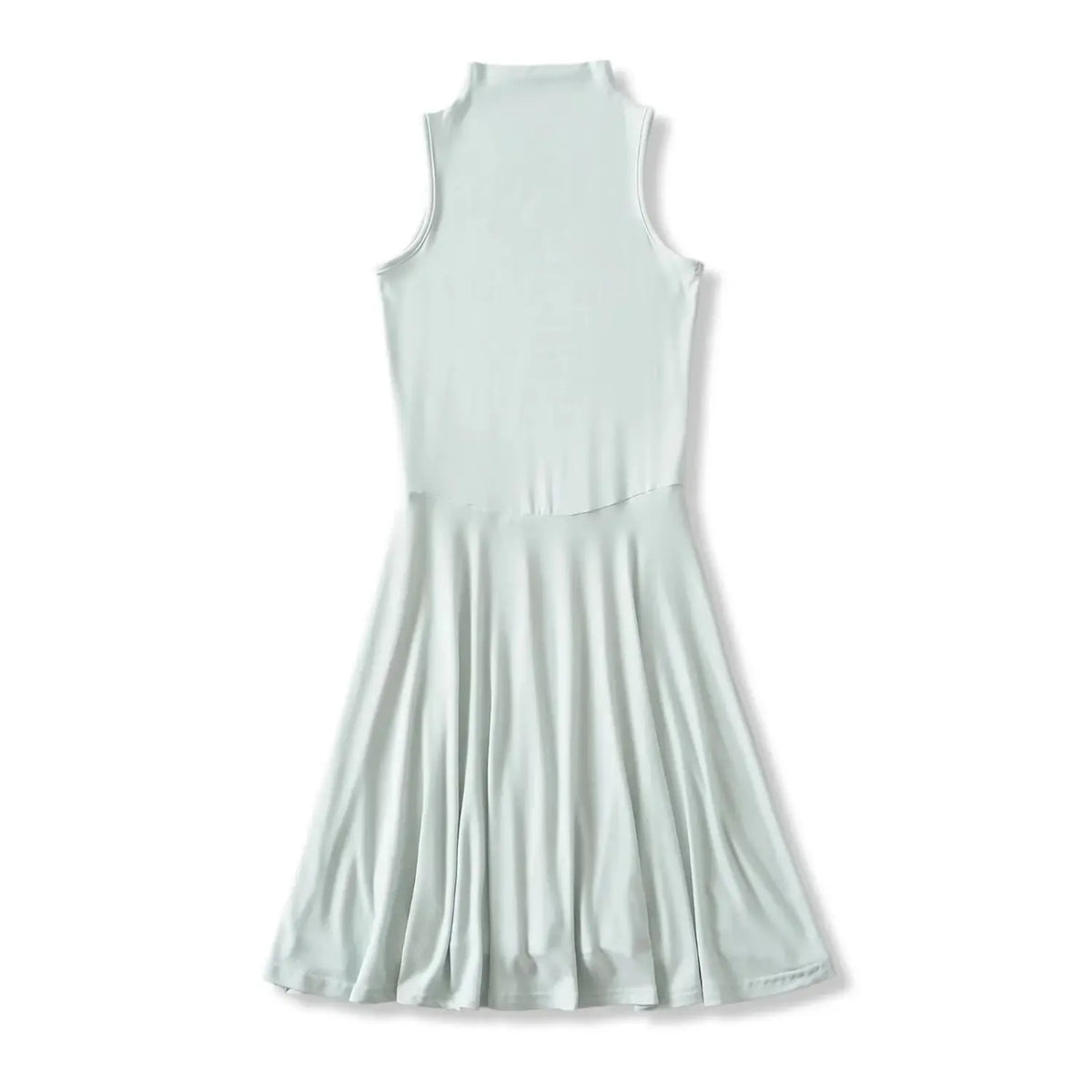 Haze blue high neck sleeveless skater dress back view, fitted bodice and flared mini skirt