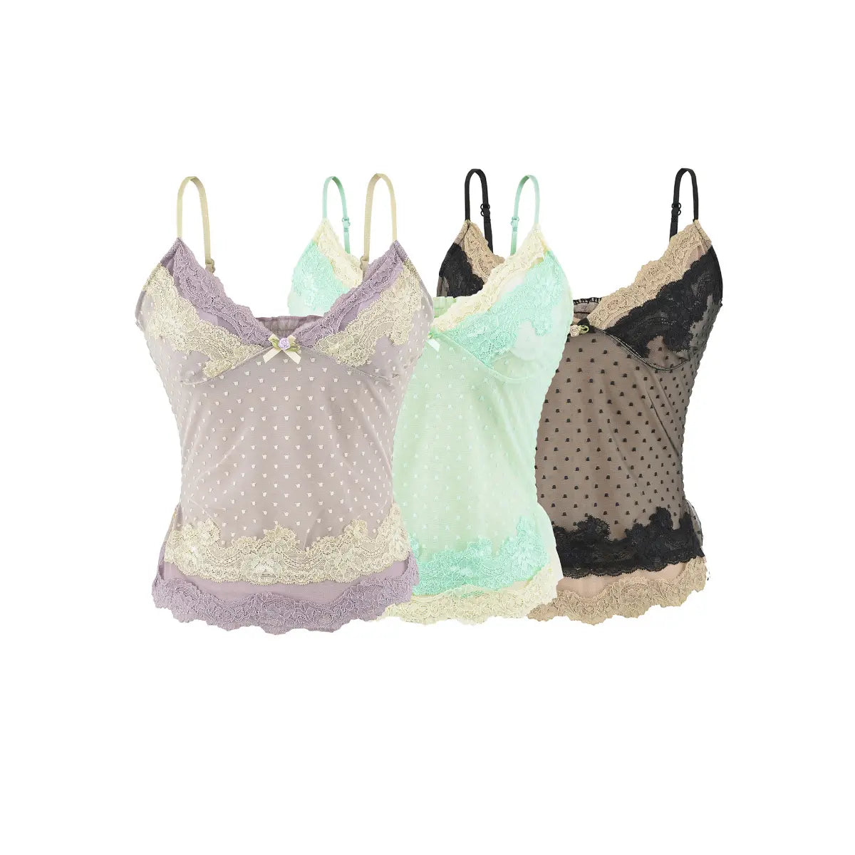 Three camisole tops in lavender, mint, and black, featuring heart-patterned mesh and lace trim.
