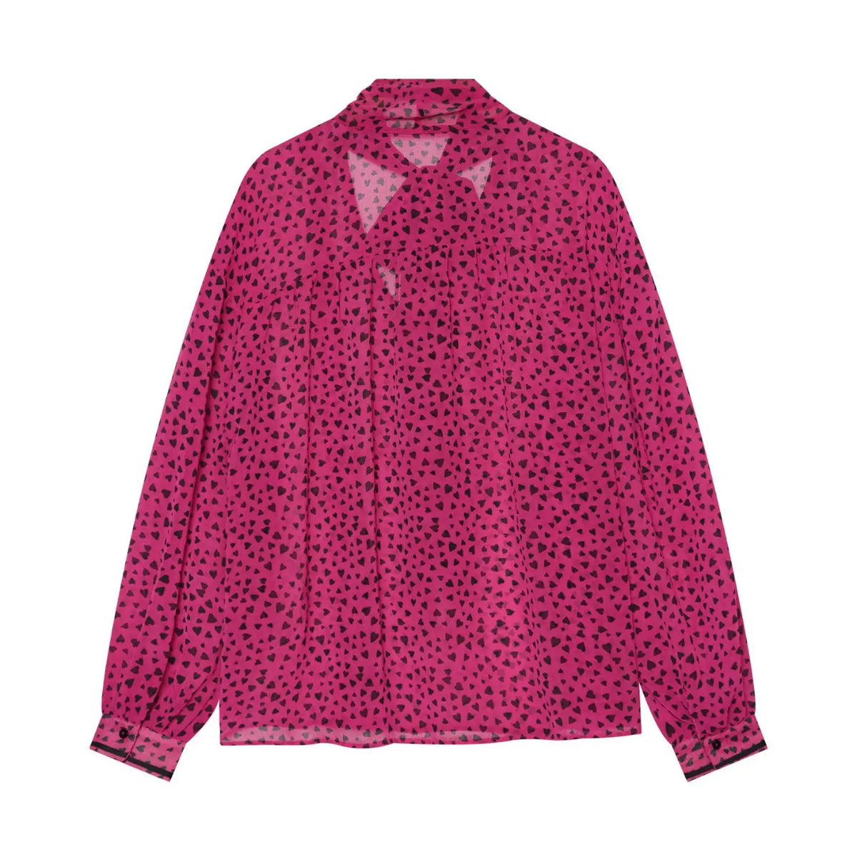 Heart print tie neck balloon sleeve chiffon blouse flat lay, back view