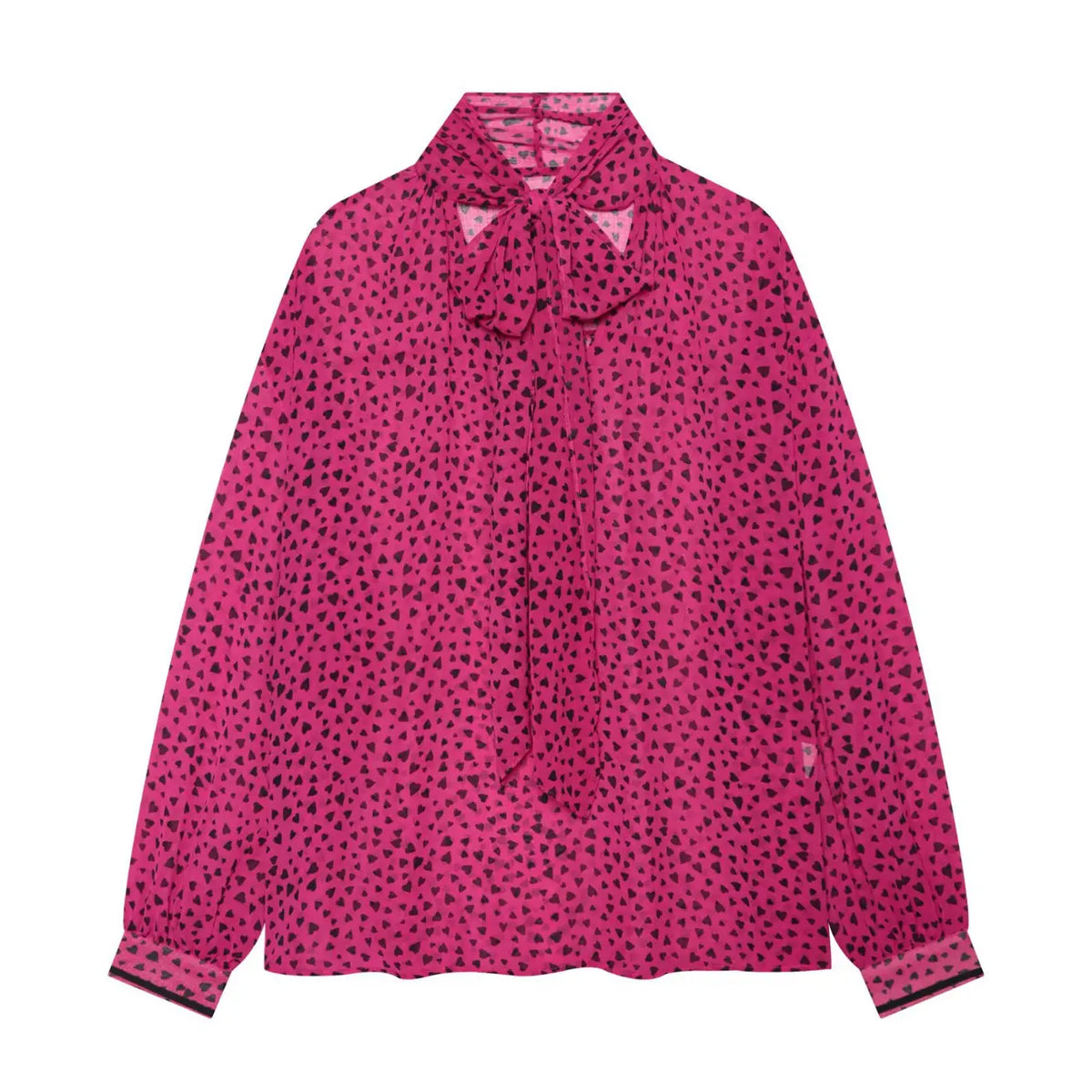 Heart print tie neck balloon sleeve chiffon blouse flat lay, front view