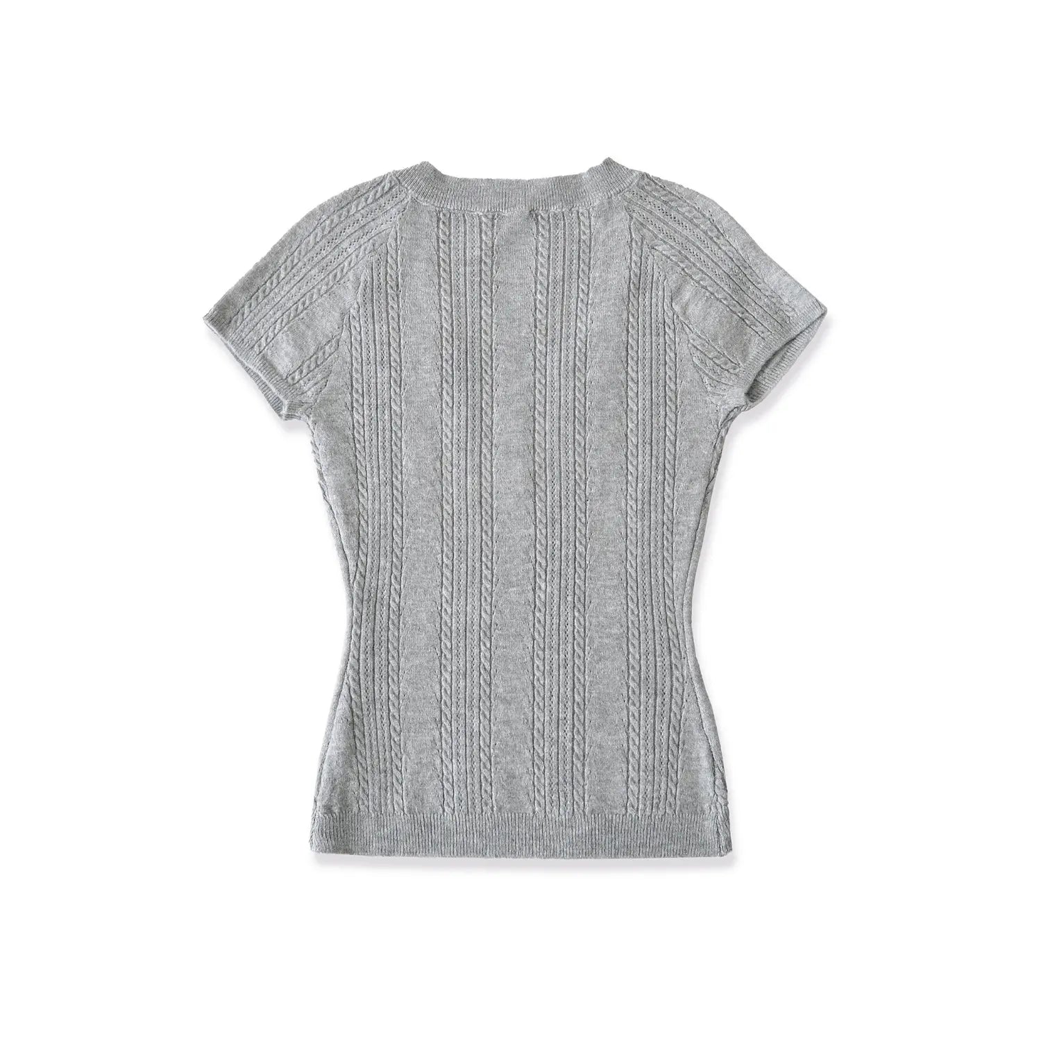 Heather gray cable knit crop top back flat view, full vertical twist knit lightweight stretch women tee