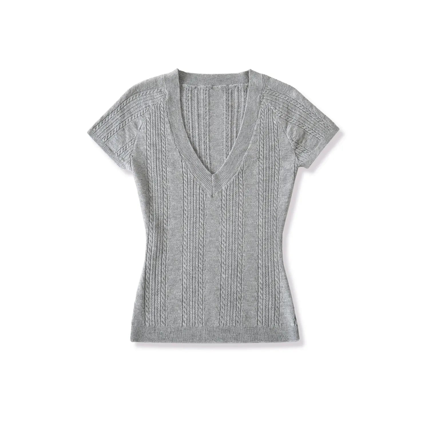 Heather gray deep v cable knit cropped short sleeve top front flat lay, vertical hollow cable texture ribbed neck hem