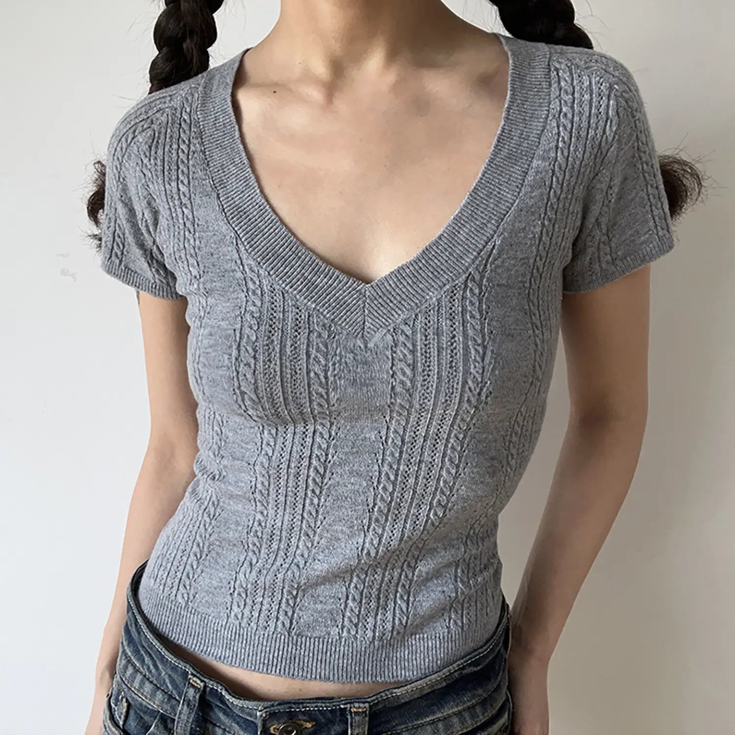 Heather gray deep v cable knit cropped short sleeve top, stretch slim ribbed hem women y2k knit top front model shot