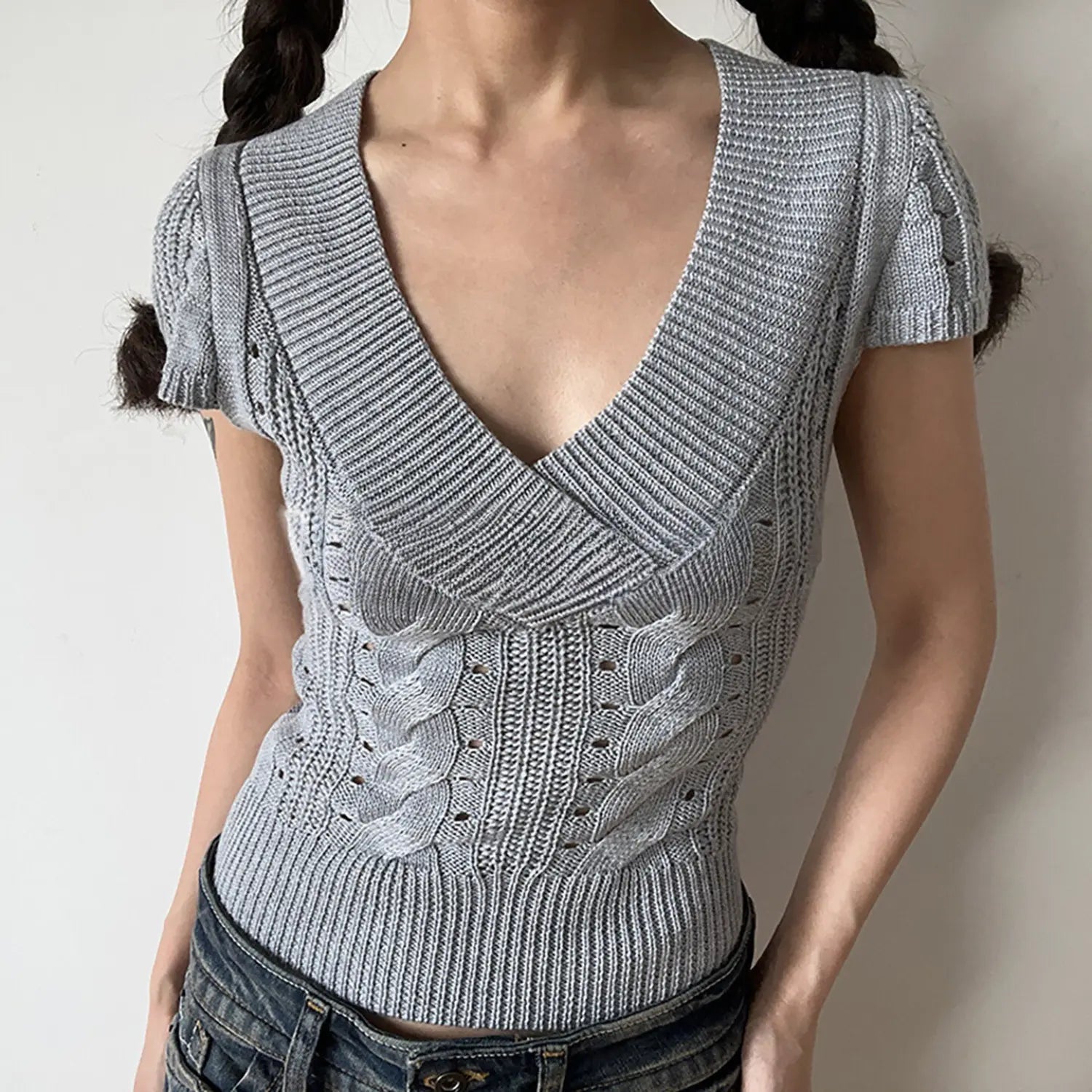 Heather gray deep v cable knit cropped short sleeve top, stretch slim ribbed hem women y2k knit top front model shot