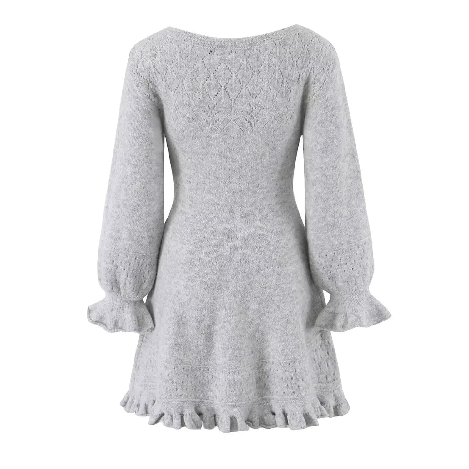 Full back view of light grey hollow knit mini dress with allover diamond lace on back boat neck flounce ruffle skirt hem