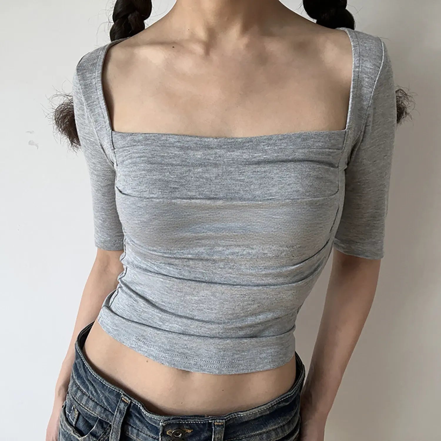 Heather gray square neck cropped t shirt, side ruched waist midi short sleeve stretch slim women basic top
