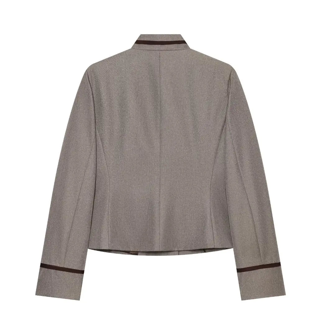 Heather grey contrast trim stand collar cropped jacket, back flat lay
