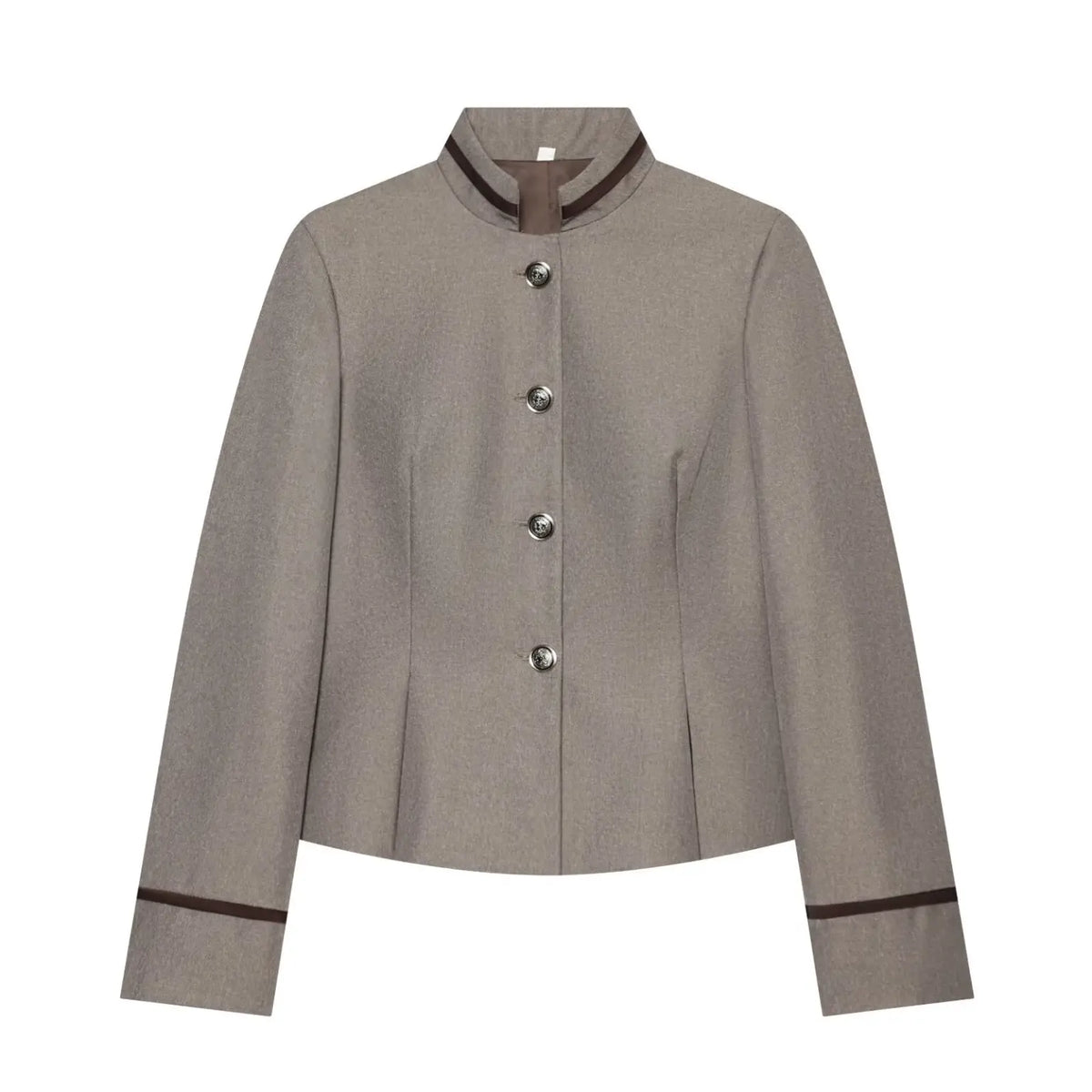 Heather grey contrast trim stand collar cropped jacket, front flat lay