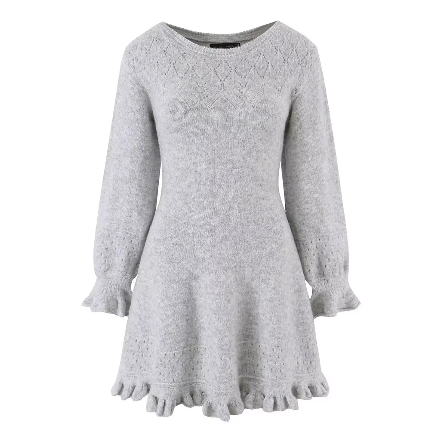 Front flat shot of heather grey soft knit mini dress hollow diamond lace upper chest boat neck bubble ruffle sleeves