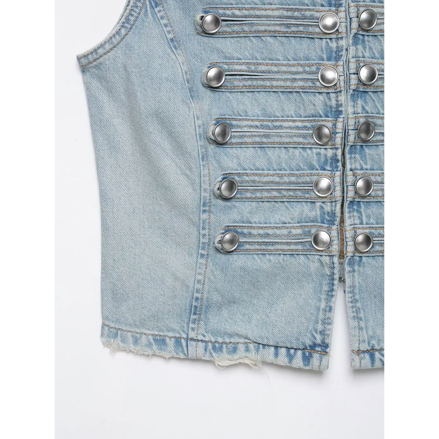 Frayed raw hem detail, tailored cropped denim waistcoat for women