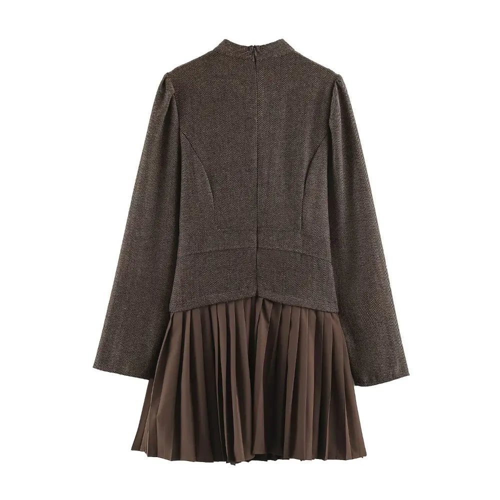 Herringbone gold button pleated mini dress, back flat lay
