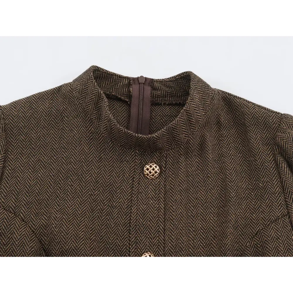 Close-up of stand collar, back zipper and gold basket button