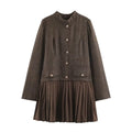 Herringbone gold button pleated mini dress, front flat lay