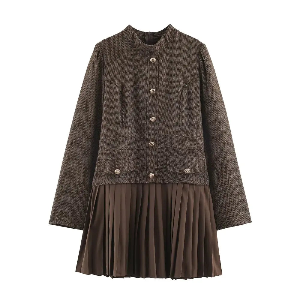 Herringbone gold button pleated mini dress, front flat lay