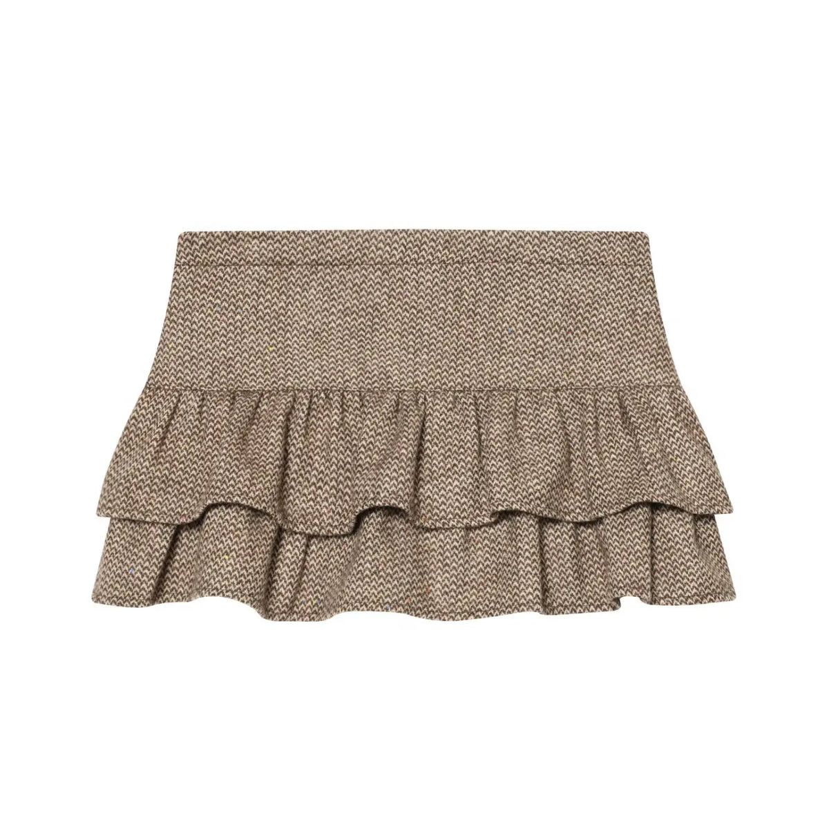 Back flat lay of herringbone ruffle tiered mini skirt