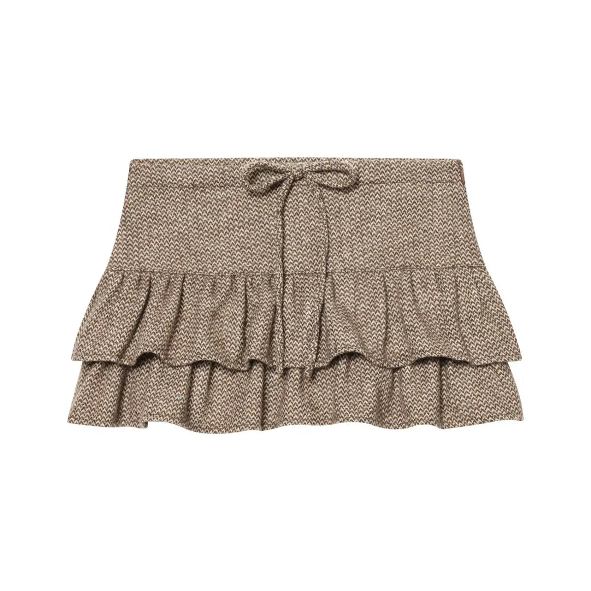 Front flat lay of herringbone ruffle tiered mini skirt with tie bow