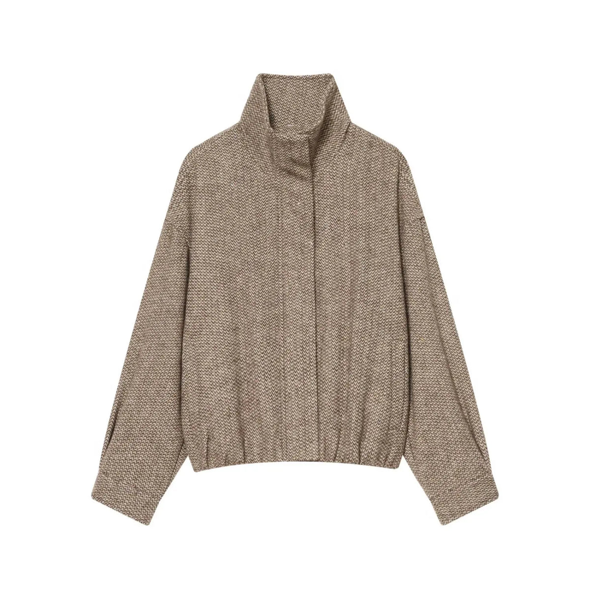 Front flat lay of herringbone stand collar cropped jacket