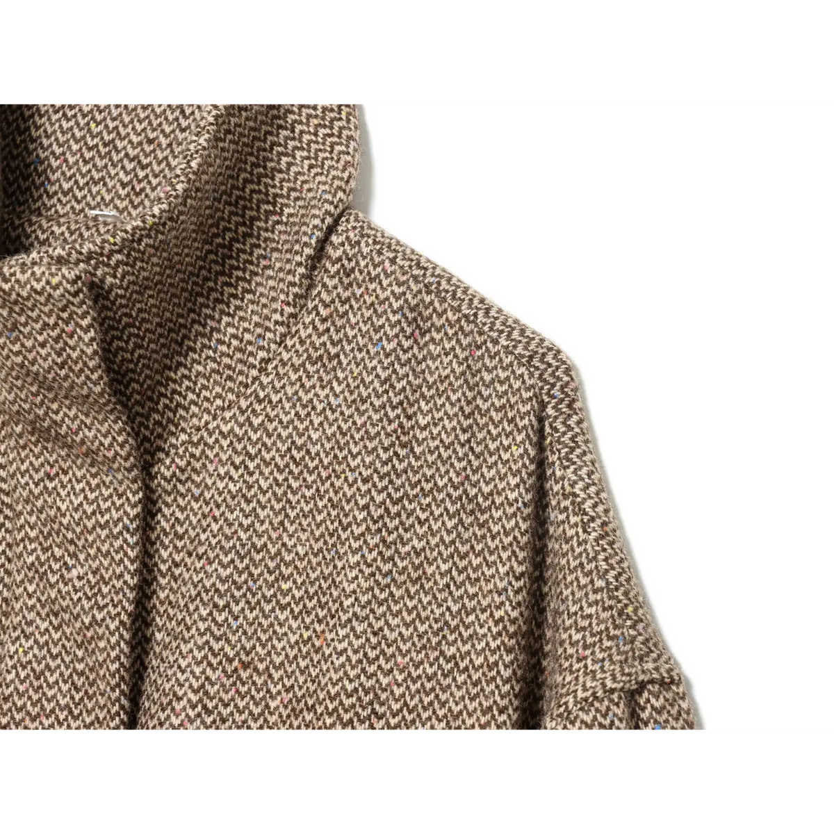 Close-up of shoulder seam and stand collar