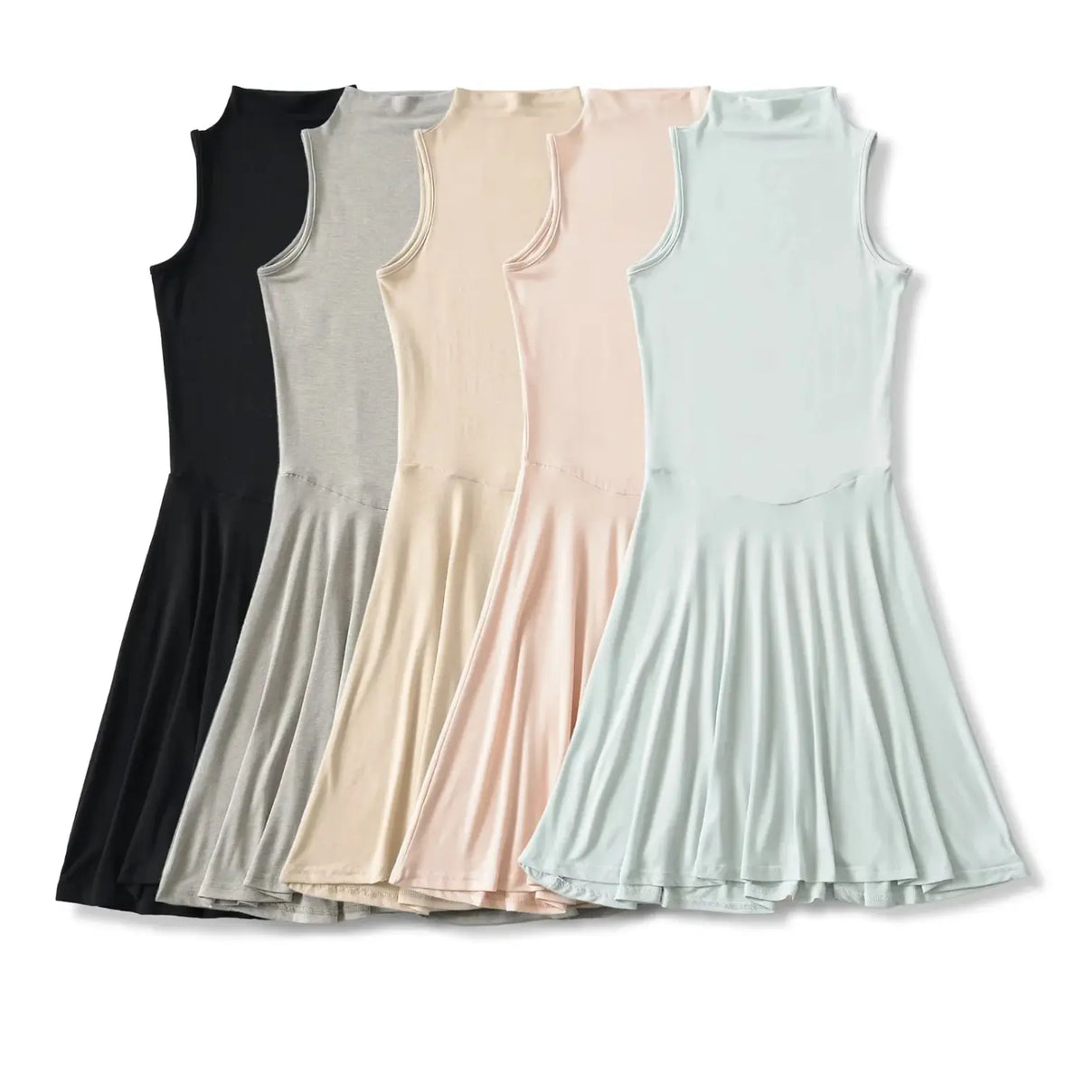 High neck sleeveless skater dress 5-color group, Black, Haze Blue, Pink, Milk Tea, Gray, front view