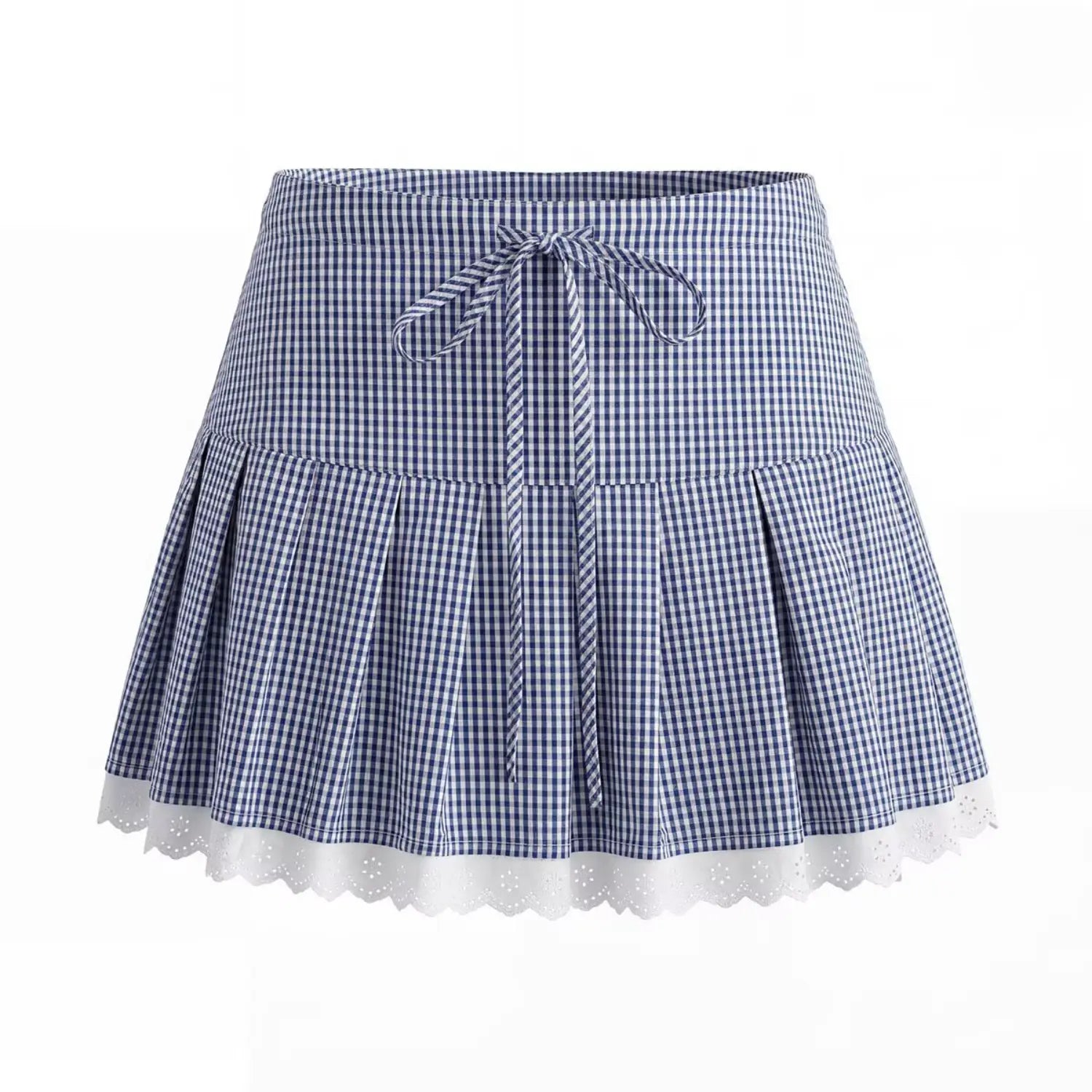 High waist drawstring pleated mini skirt single white flat lay, long-lasting uniform box pleats waist matching gingham tie bottom eyelet lace hem A-line short schoolgirl skirt flat display