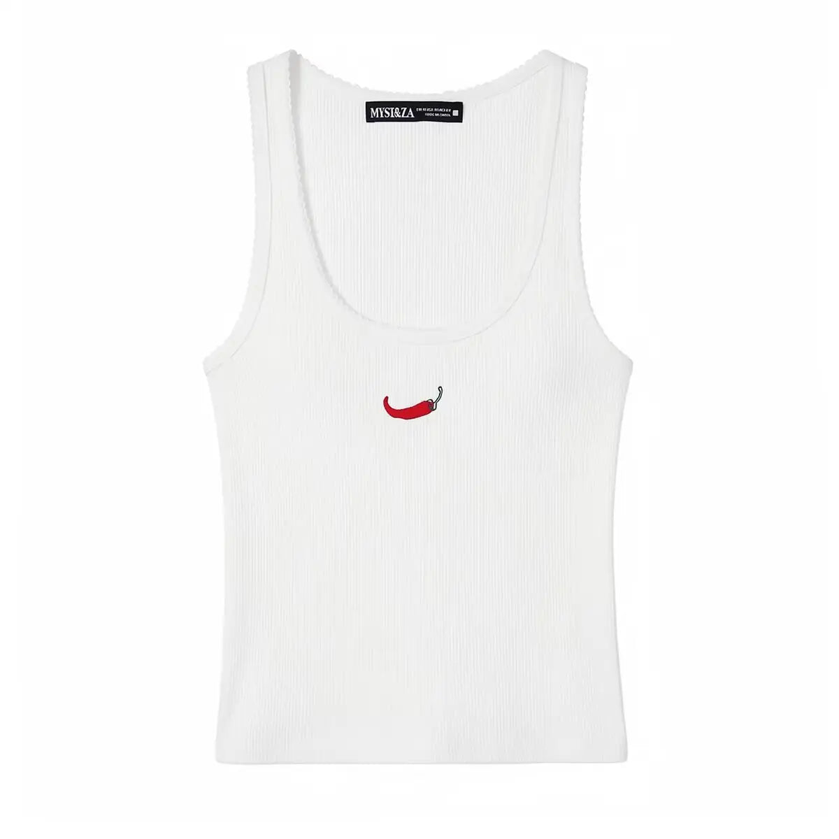 Front view of white ribbed tank top with red chili pepper embroidery, scalloped trim and U-neckline