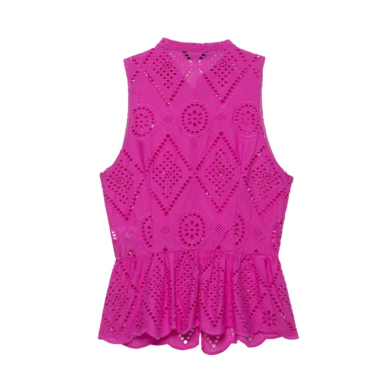 Back flat lay view of hot pink cutwork eyelet sleeveless peplum blouse