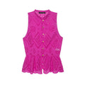 Front flat lay view of hot pink geometric eyelet sleeveless peplum top with wooden buttons