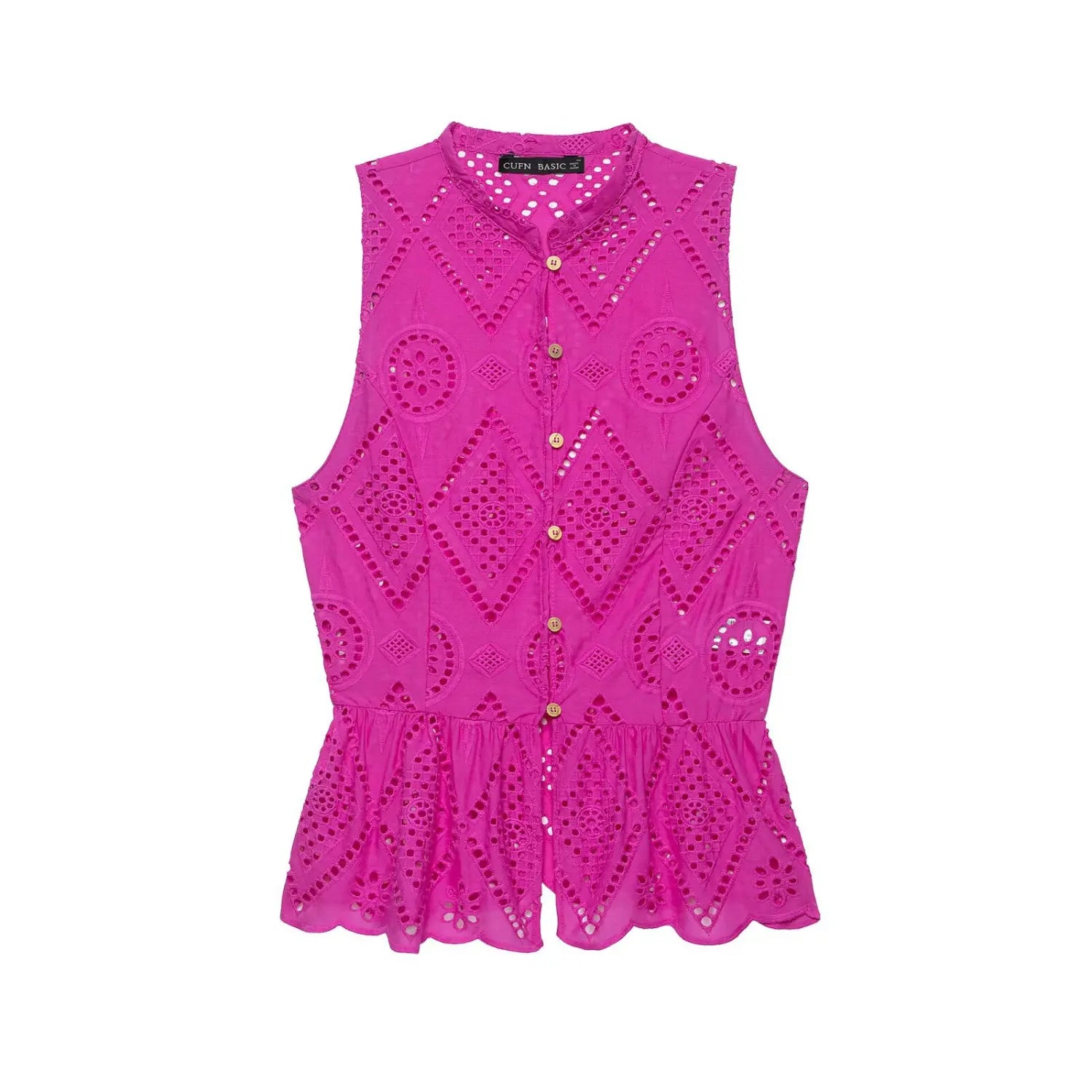 Front flat lay view of hot pink geometric eyelet sleeveless peplum top with wooden buttons