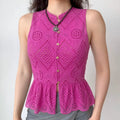  Model front view wearing hot pink eyelet sleeveless peplum top, casual everyday outfit