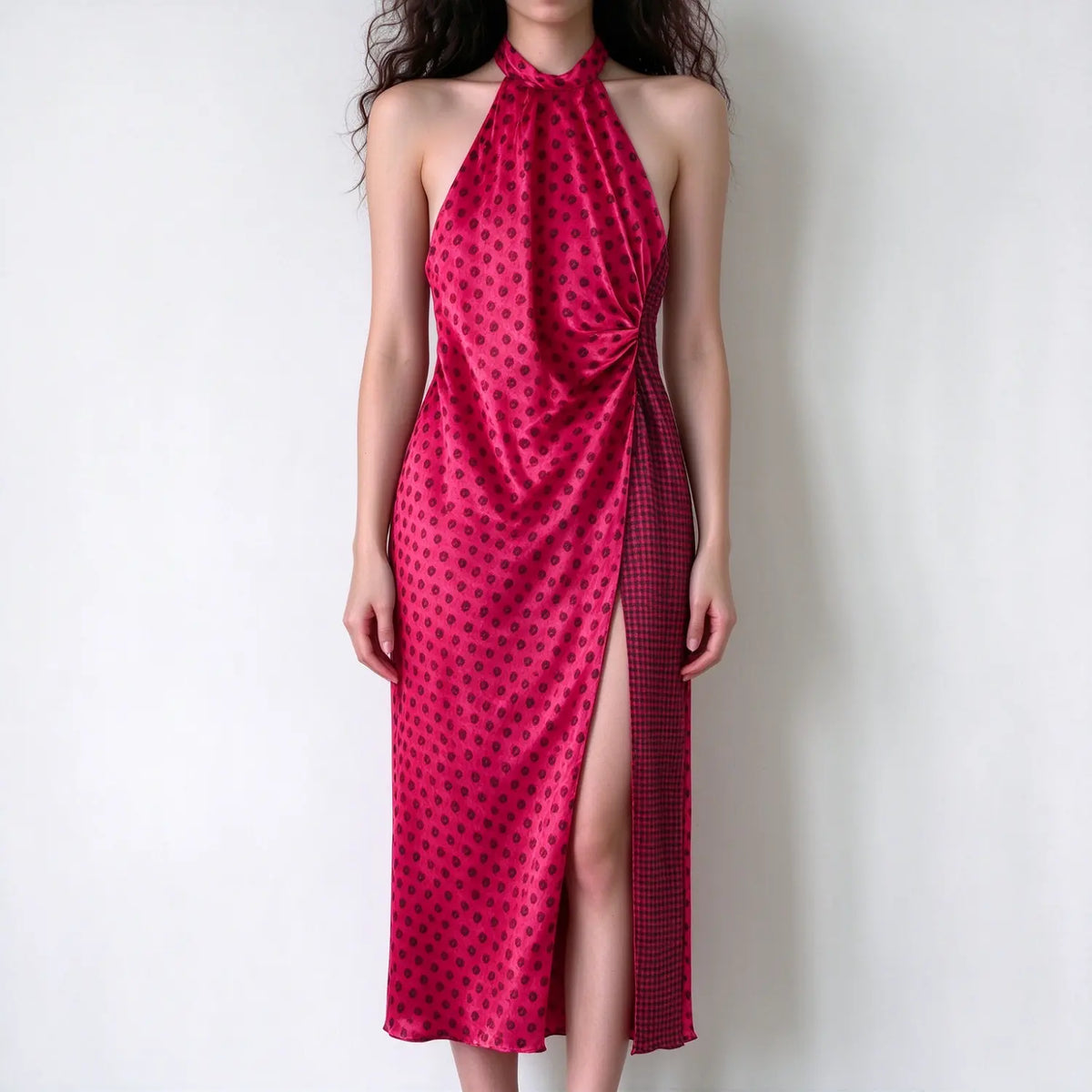 Model wearing hot pink halter satin maxi dress, polka dot print, side knot detail, high thigh slit, mixed plaid lining