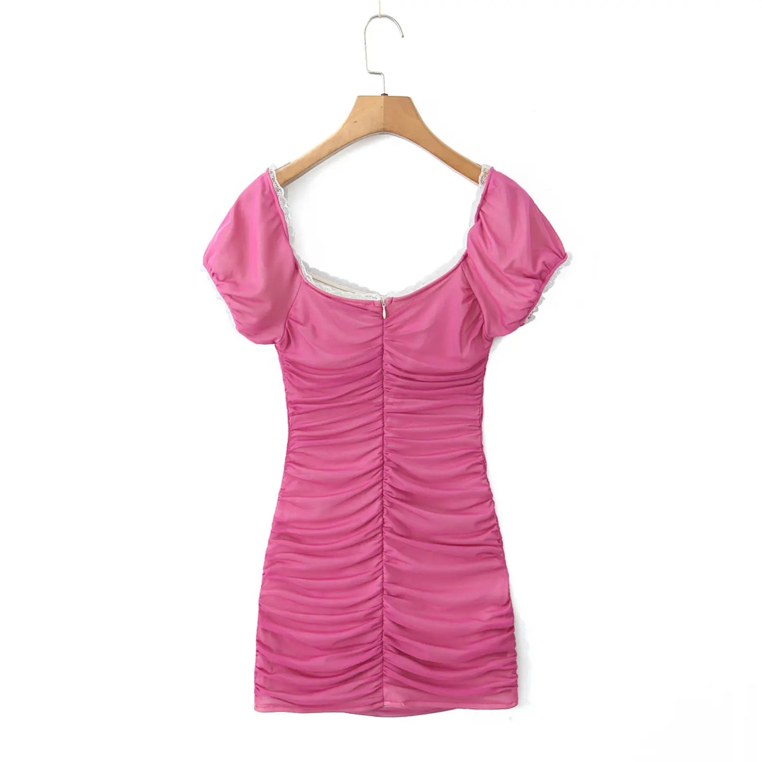 Back view hot pink mesh bodycon mini dress on wooden hanger, full back ruched design and invisible center zipper