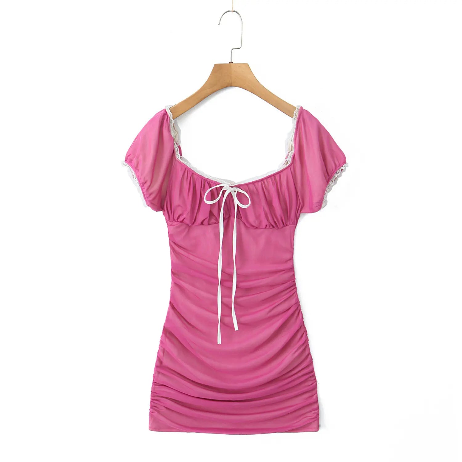 Hot pink mesh bodycon mini dress front view on wooden hanger, square neck white lace trim, front white tie bow, short puff sleeve, side ruched design
