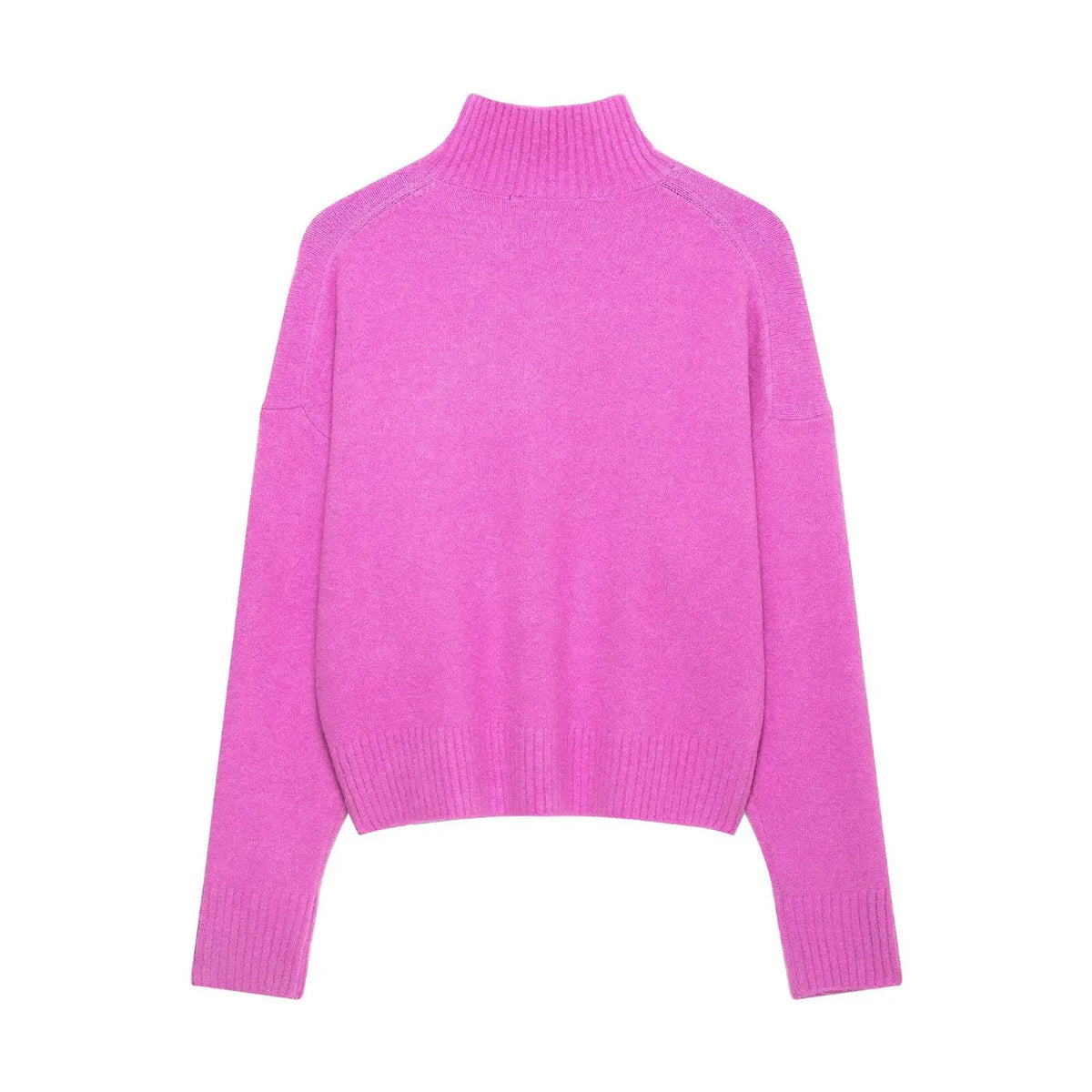 Hot pink mock neck brushed knit sweater, back flat lay