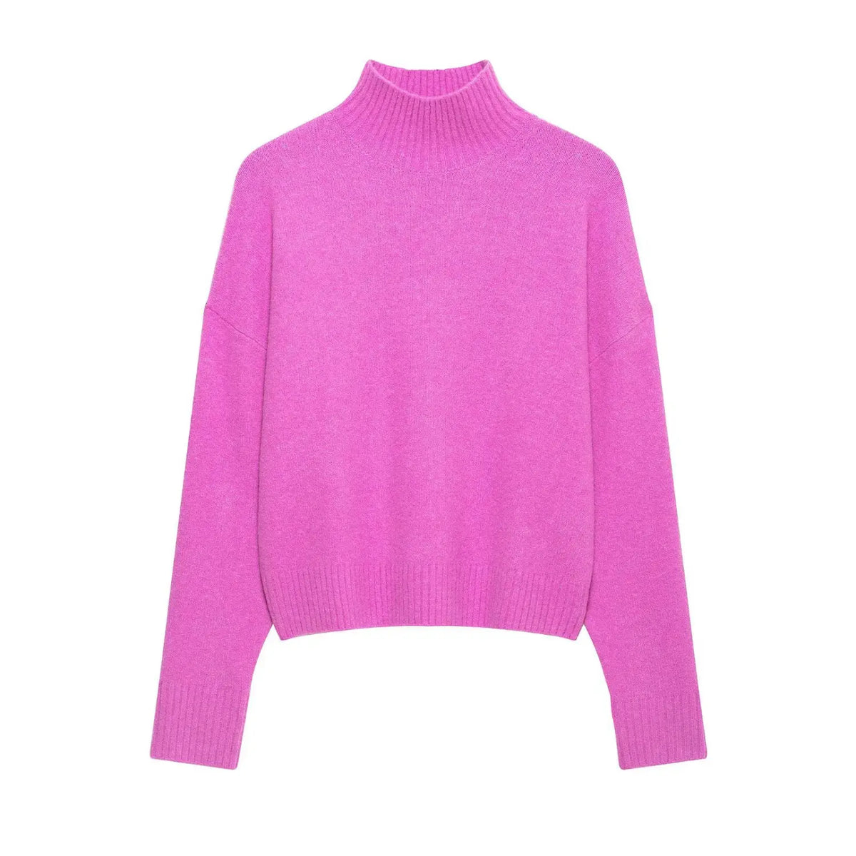 Hot pink mock neck brushed knit sweater, front flat lay
