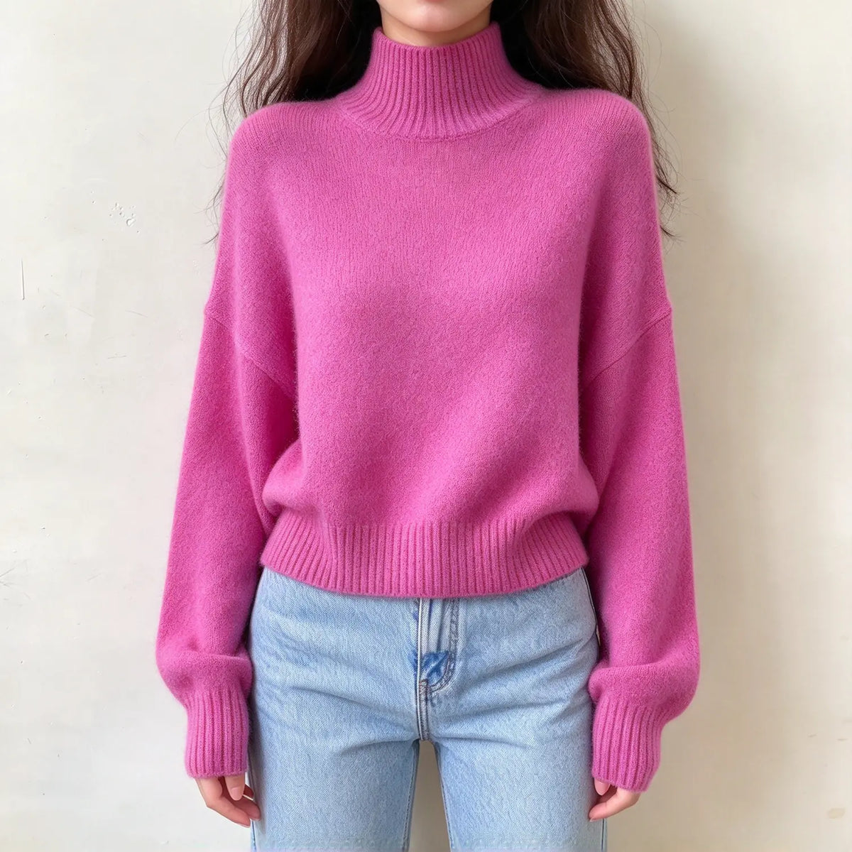 Model wearing hot pink mock neck brushed knit sweater with jeans, front view
