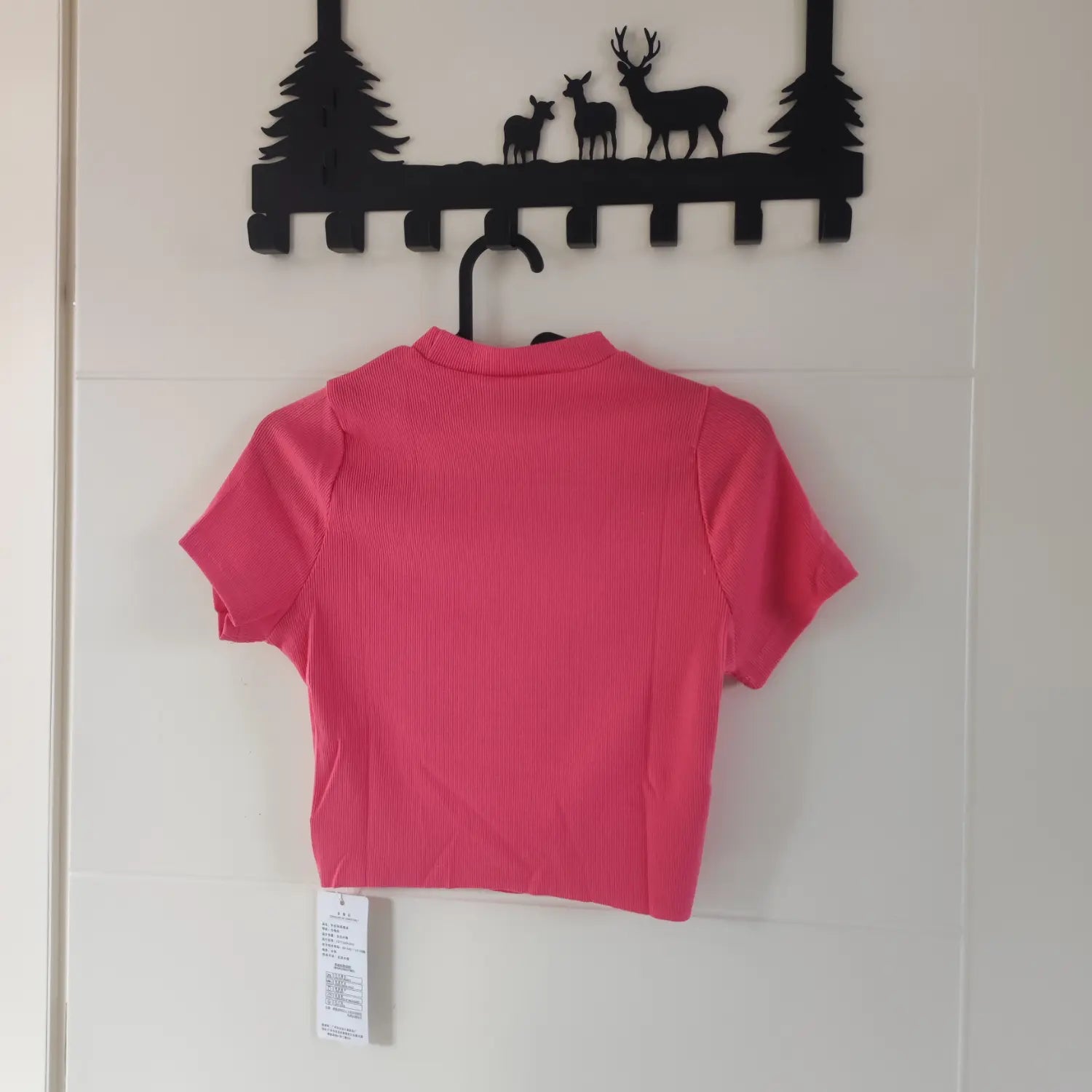 Hanger back view hot pink mock neck ribbed short sleeve cropped top with hang tag