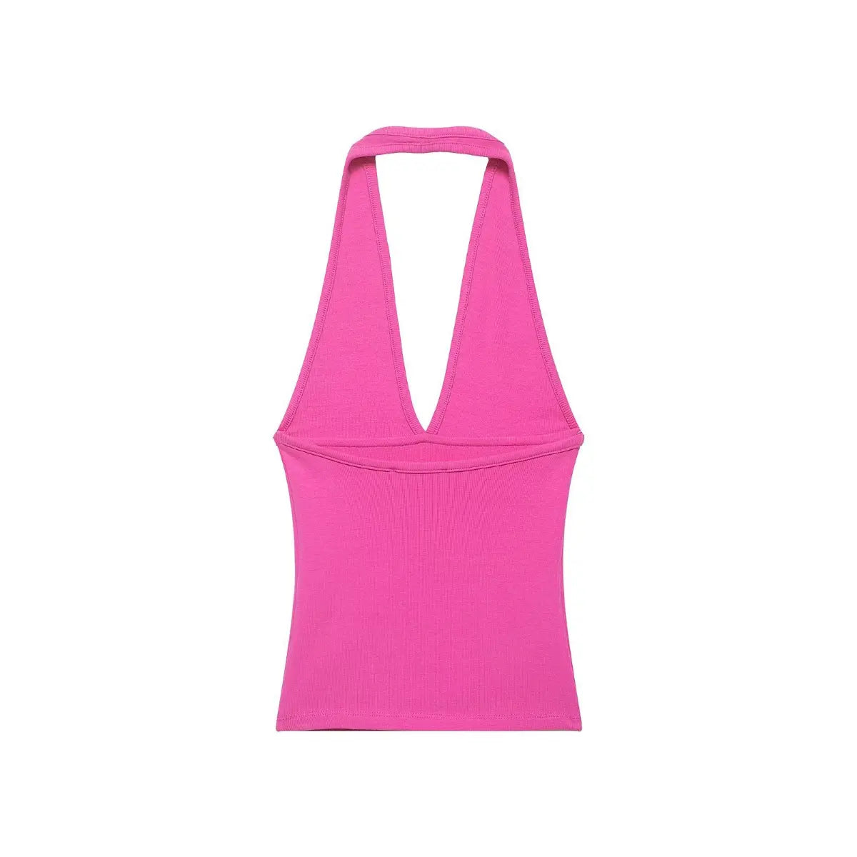 Back view of hot pink ribbed halter top, showing neck strap design and tailored back construction.