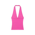 Front view of plunging deep V neck halter top in hot pink, soft ribbed knit material and body hugging silhouette.