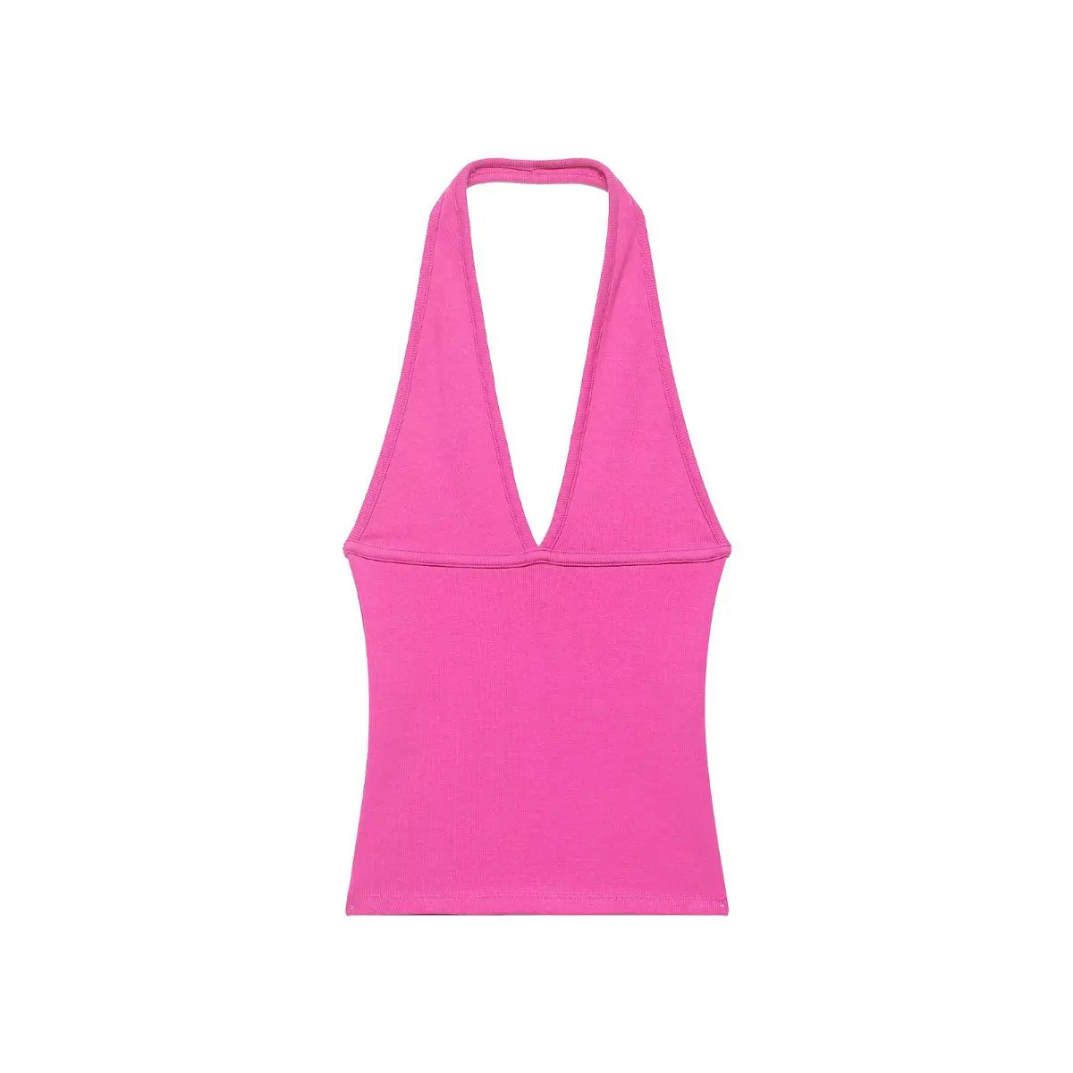 Front view of plunging deep V neck halter top in hot pink, soft ribbed knit material and body hugging silhouette.