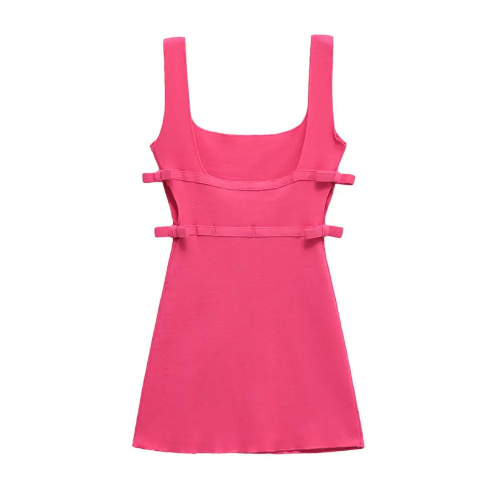 Hot pink square neck side bow knit mini dress, back flat lay