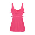 Hot pink square neck side bow knit mini dress, front flat lay