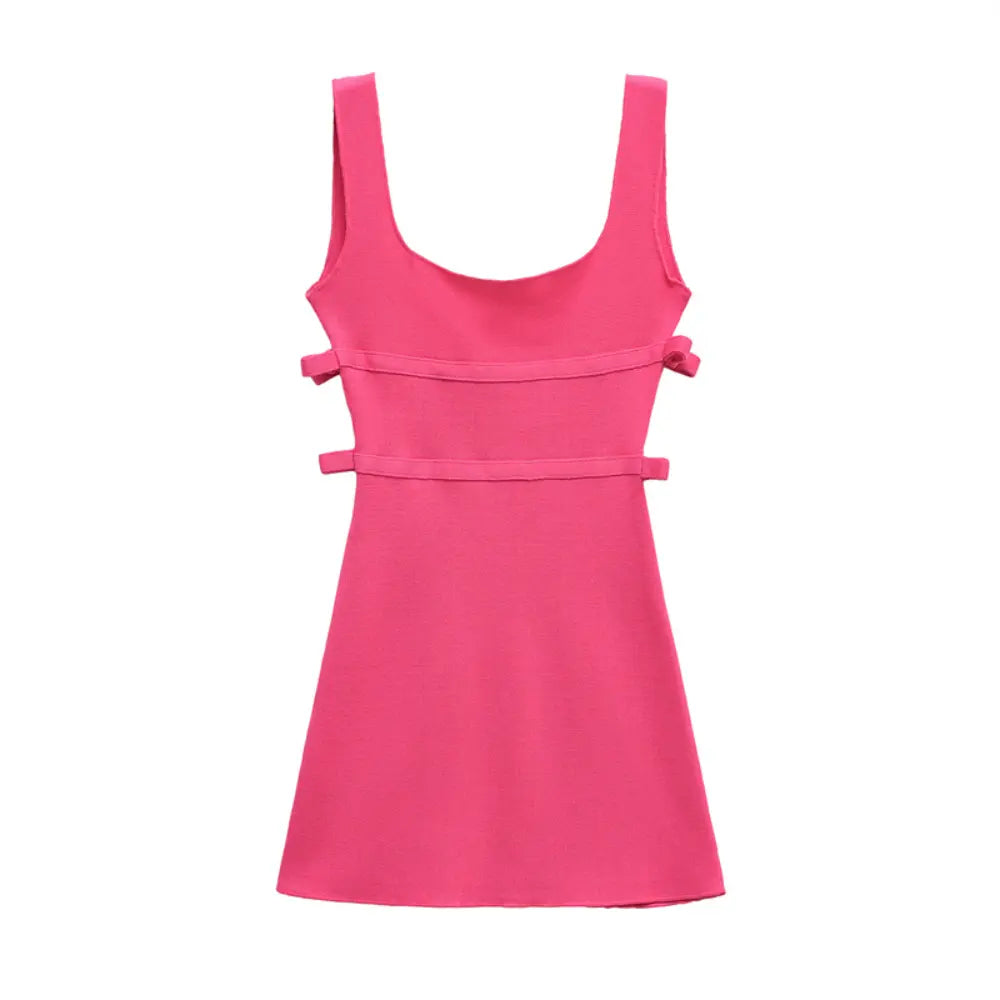 Hot pink square neck side bow knit mini dress, front flat lay