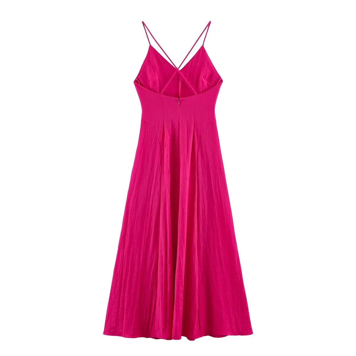Back flat lay of pink cami dress with crisscross straps