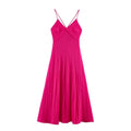 Front flat lay of hot pink twist front cami strappy A-line midi dress