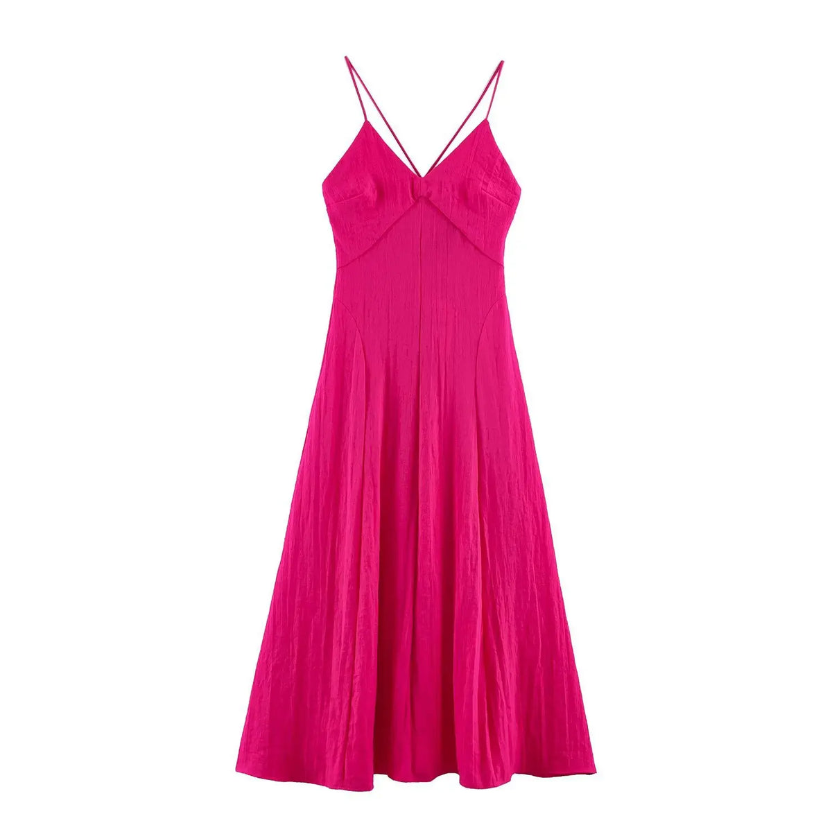 Front flat lay of hot pink twist front cami strappy A-line midi dress