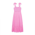 Full flat back view of hot pink stripe tie‑shoulder smocked maxi dress